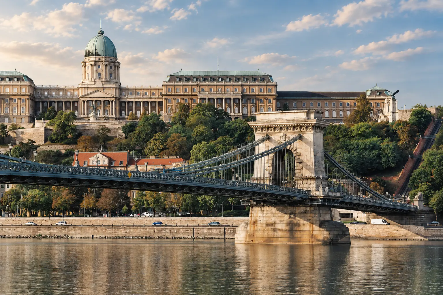 A Széchenyi lánchíd és a Budavári Palota a Duna felől