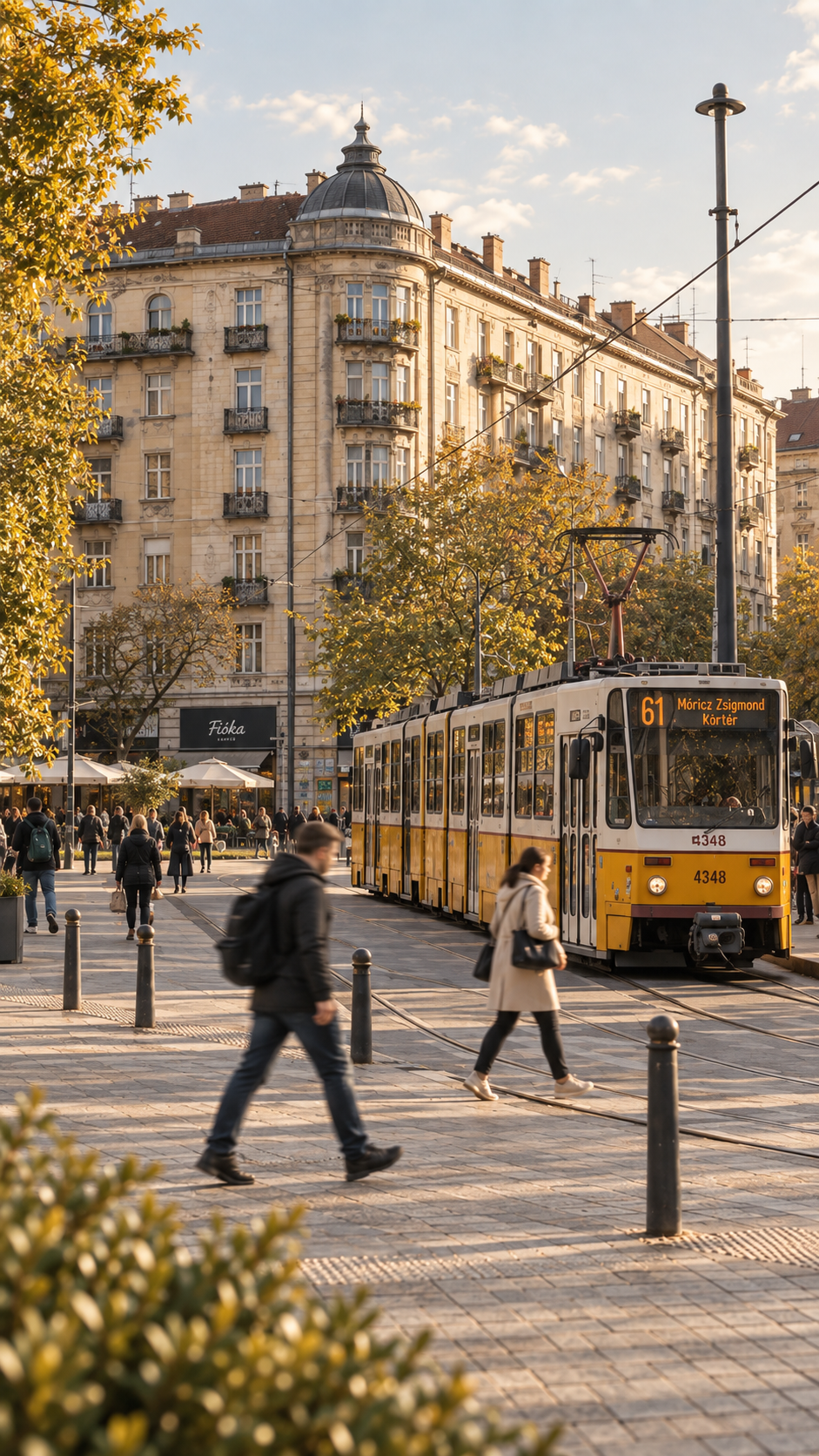 Sárga villamos egy napsütötte budapesti téren